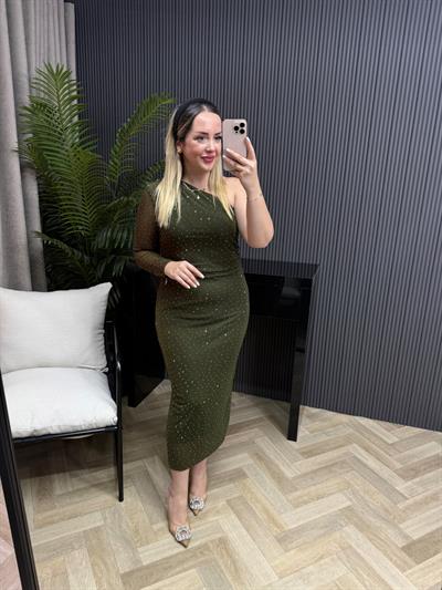 Omuz Detaylı Taşlı Haki Tül Elbise