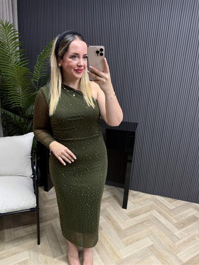 Omuz Detaylı Taşlı Haki Tül Elbise