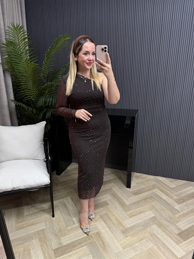 Omuz Detaylı Taşlı Kahve Tül Elbise