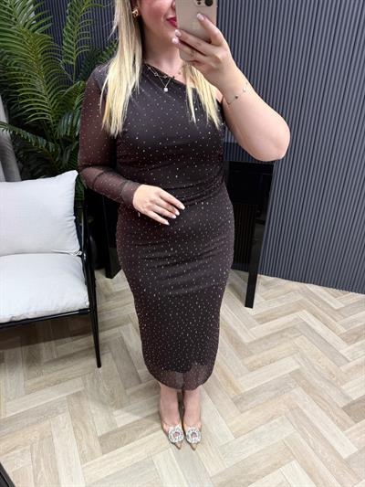 Omuz Detaylı Taşlı Kahve Tül Elbise