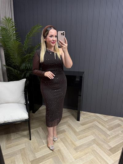 Omuz Detaylı Taşlı Kahve Tül Elbise