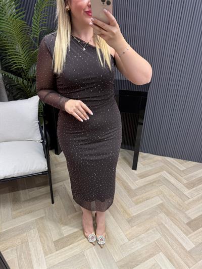 Omuz Detaylı Taşlı Kahve Tül Elbise