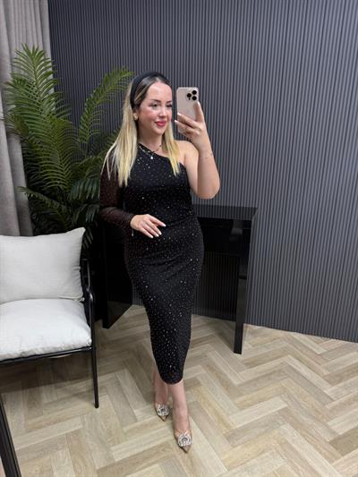 Omuz Detaylı Taşlı Siyah Tül Elbise