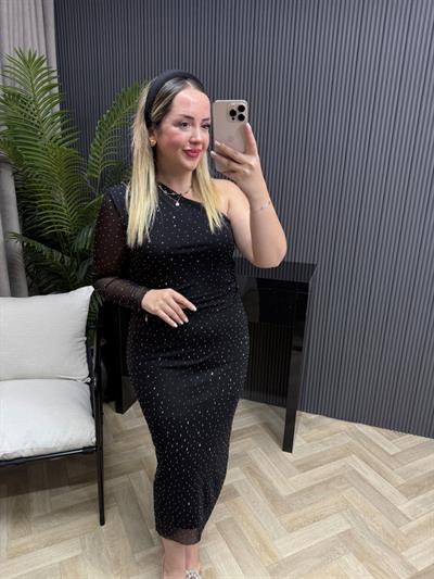 Omuz Detaylı Taşlı Siyah Tül Elbise