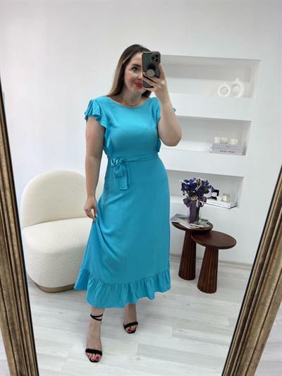 Omzu Firfirli Eteği Volanlı Elbise Bebek Mavi