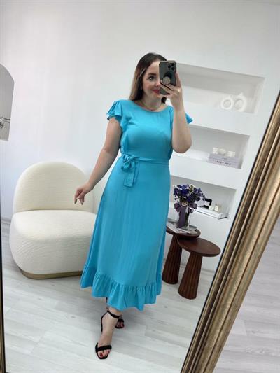 Omzu Firfirli Eteği Volanlı Elbise Bebek Mavi