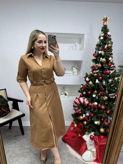 Önden Çitçit Düğmeli  Elbise Taba