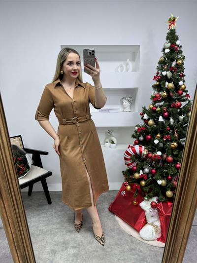 Önden Çitçit Düğmeli  Elbise Taba