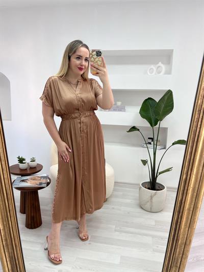 Önden Düğmeli Beli Lastikli Saten Bronz