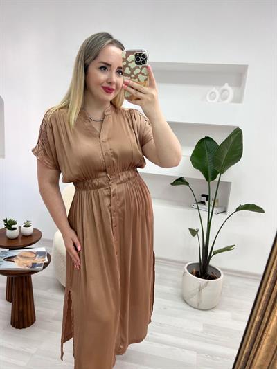 Önden Düğmeli Beli Lastikli Saten Bronz