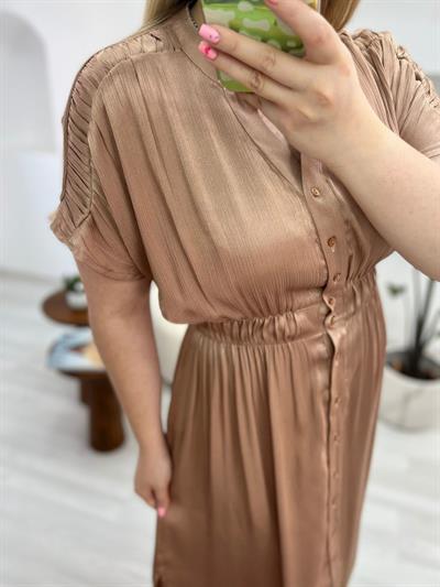 Önden Düğmeli Beli Lastikli Saten Bronz