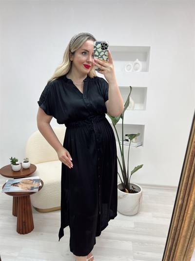 Önden Düğmeli Beli Lastikli Saten Elbise Siyah