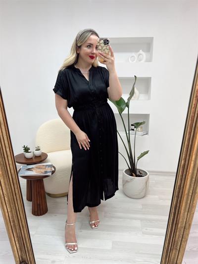 Önden Düğmeli Beli Lastikli Saten Elbise Siyah