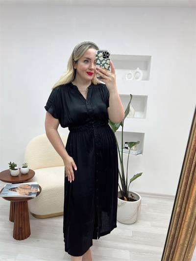 Önden Düğmeli Beli Lastikli Saten Elbise Siyah