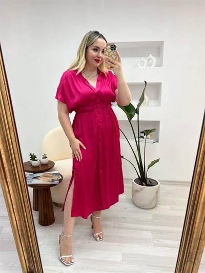 Önden Düğmeli Beli Lastikli Saten Elbise Fuşya