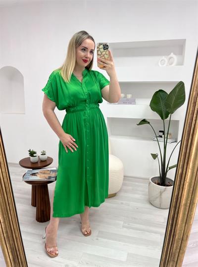 Önden Düğmeli Beli Lastikli Saten Yeşil