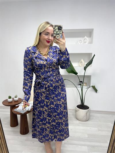 Önden Düğmeli Ceket Yaka Özel Saten Elbise