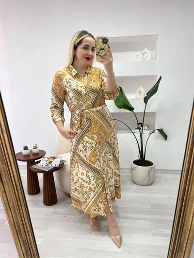 Önden Düğmeli Desenli Gömlek Elbise