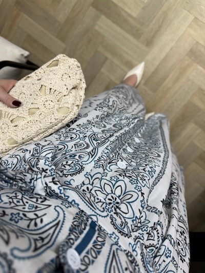 Önden Düğmeli Etnik Desenli Keten Tasarım Elbise Mavi 