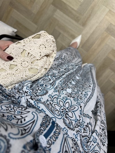 Önden Düğmeli Etnik Desenli Keten Tasarım Elbise Mavi 