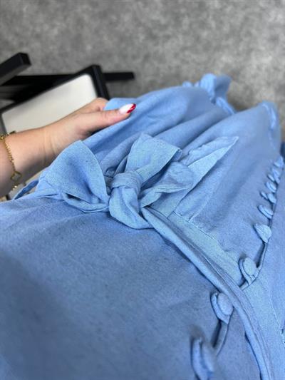 Önden Düğmeli Keten Elbise Mavi