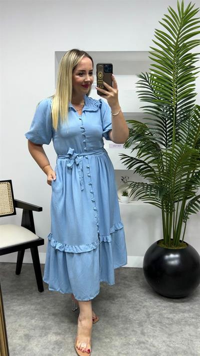 Önden Düğmeli Keten Elbise Mavi