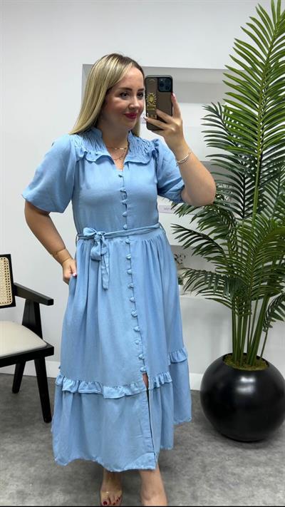 Önden Düğmeli Keten Elbise Mavi