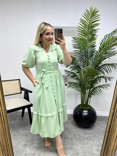 Önden Düğmeli Keten Elbise Mint Yeşil
