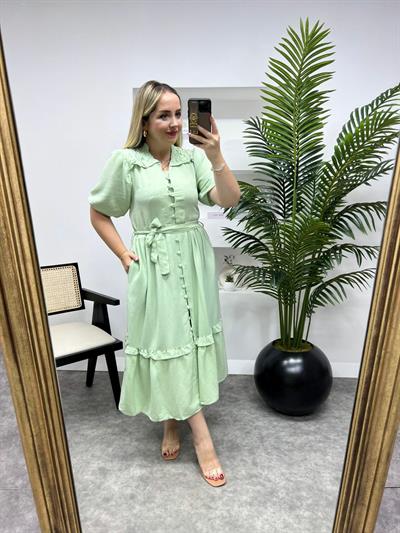 Önden Düğmeli Keten Elbise Mint Yeşil