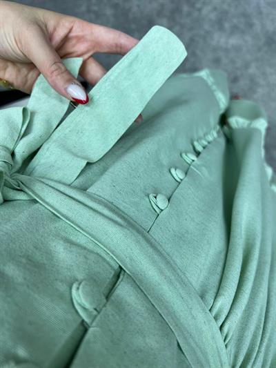 Önden Düğmeli Keten Elbise Mint Yeşil