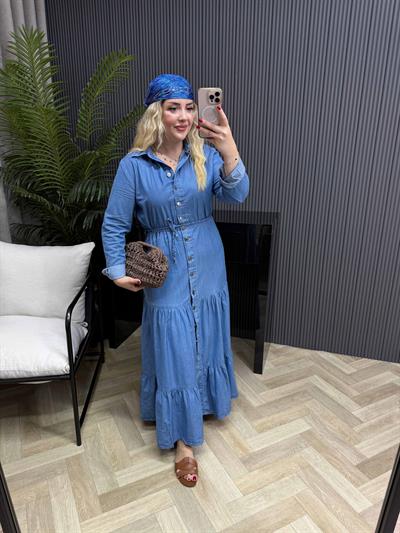 Önden Düğmeli Yumuşak Denim Kumaş Elbise