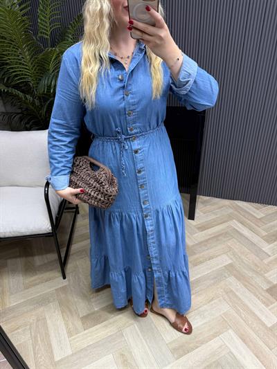 Önden Düğmeli Yumuşak Denim Kumaş Elbise