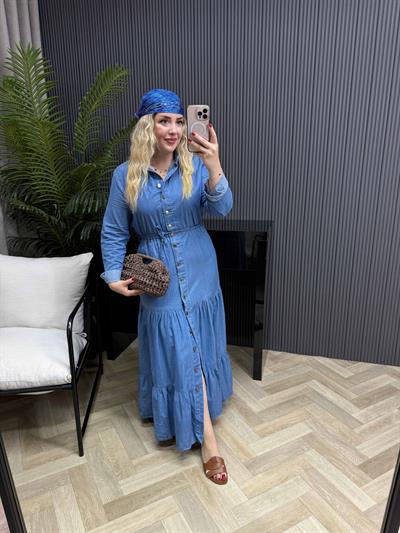 Önden Düğmeli Yumuşak Denim Kumaş Elbise