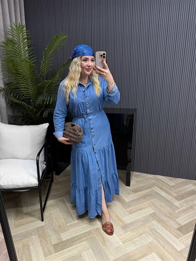 Önden Düğmeli Yumuşak Denim Kumaş Elbise