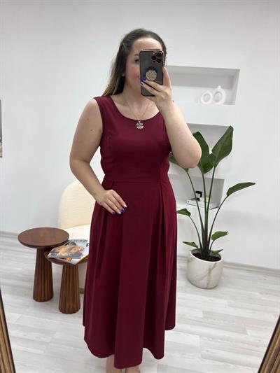 Önden İki Pileli Bordo Renk Orj Elbise