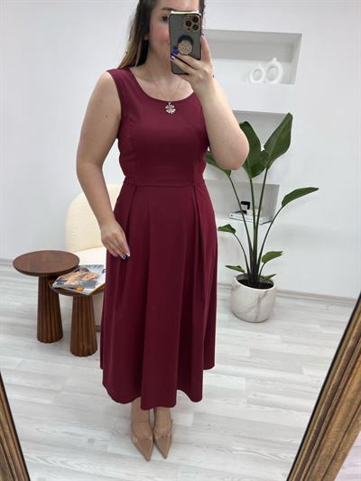 Önden İki Pileli Bordo Renk Orj Elbise