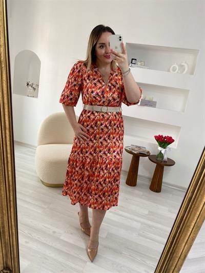 Orange İpek Saten  Kemerli Elbise