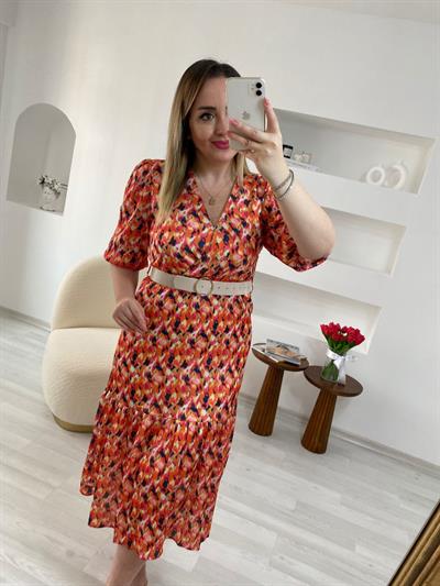 Orange İpek Saten  Kemerli Elbise