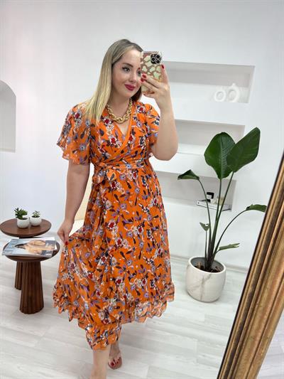 Oranj Desenli Kruvaze Model Şifon Elbise