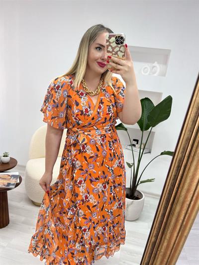 Oranj Desenli Kruvaze Model Şifon Elbise