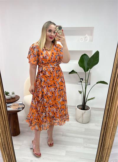 Oranj Desenli Kruvaze Model Şifon Elbise