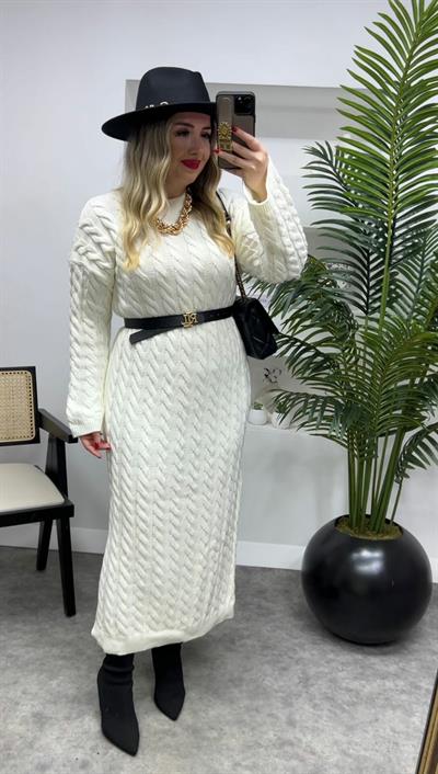 Örgü Desenli Triko Elbise Ekru