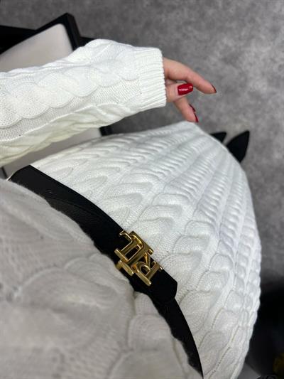 Örgü Desenli Triko Elbise Ekru