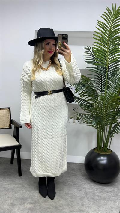 Örgü Desenli Triko Elbise Ekru