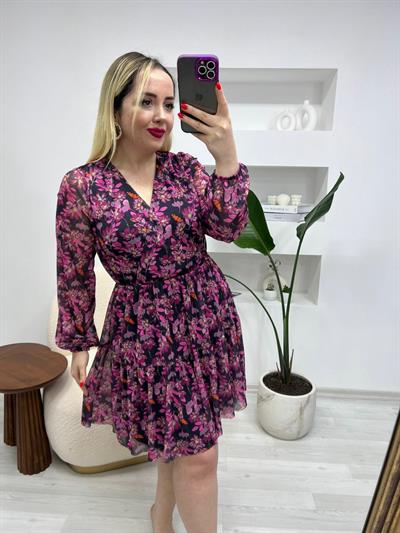Orj Marka Beli Lastikli Pembe Çiçekli Elbise
