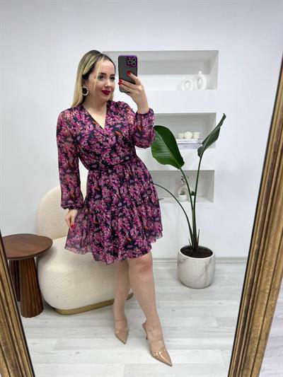 Orj Marka Beli Lastikli Pembe Çiçekli Elbise