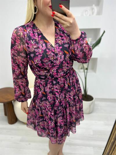Orj Marka Beli Lastikli Pembe Çiçekli Elbise