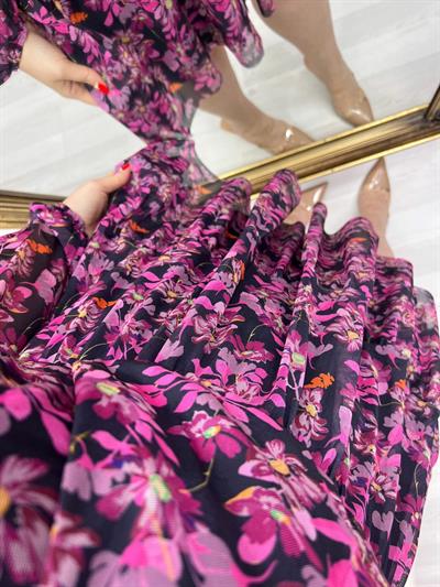 Orj Marka Beli Lastikli Pembe Çiçekli Elbise