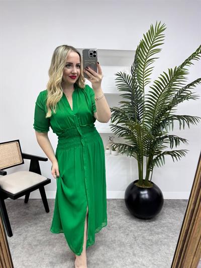 Orj Marka Beli Lastikli Şifon Elbise Yeşil