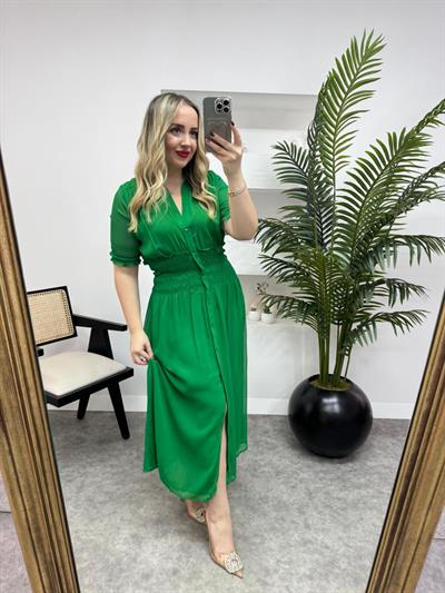 Orj Marka Beli Lastikli Şifon Elbise Yeşil